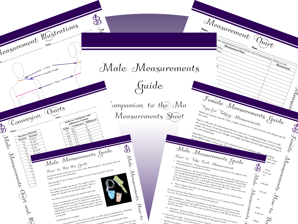 Collage of some of the pages available in the Male Measurement Guide Printable Download